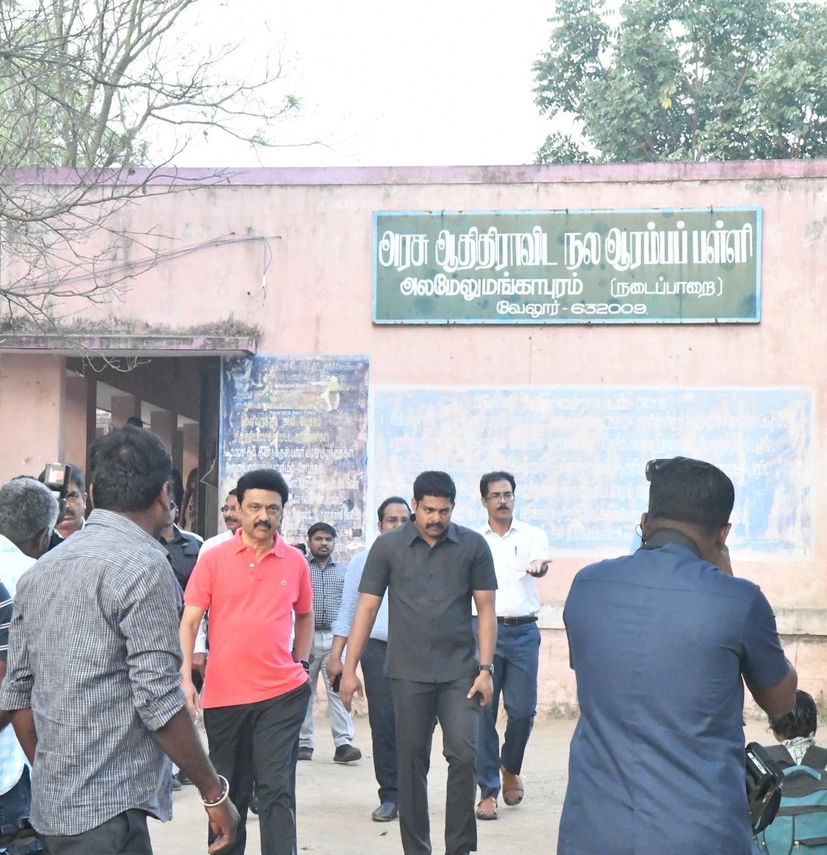 Tamil Nadu Chief Minister MK Stalin walks out of the Government Adi Dravida Welfare Primary School at Nadaparai, under Vellore Corporation limits, after a surprise inspection on February 2, 2023.