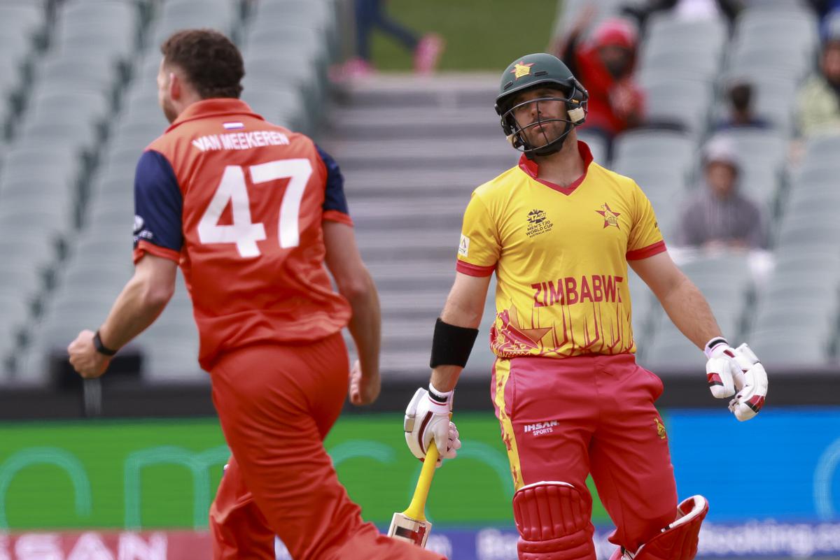 Zimbabwe’s Ryan Burl, right, reacts after he was dismissed by Netherlands’ Paul van Meekeren during the T20 World Cup cricket match between the Netherlands and Zimbabwe in Adelaide, Australia on November 2, 2022