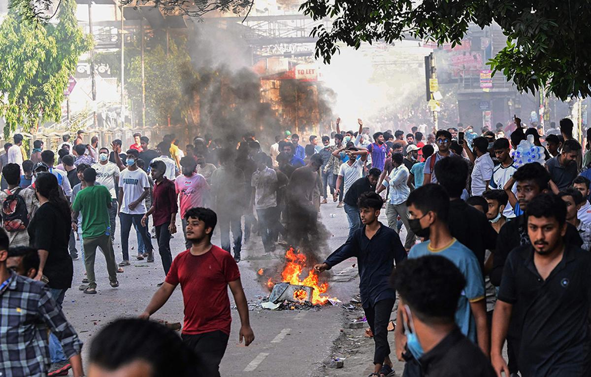 Students take part in the ongoing anti-quota protest in Dhaka on July 18, 2024. Bangladeshi students pressed on July 18 with nationwide protests against civil service hiring rules, rebuffing an olive branch from Prime Minister Sheikh Hasina who pledged justice for 18 killed in the demonstrations. 