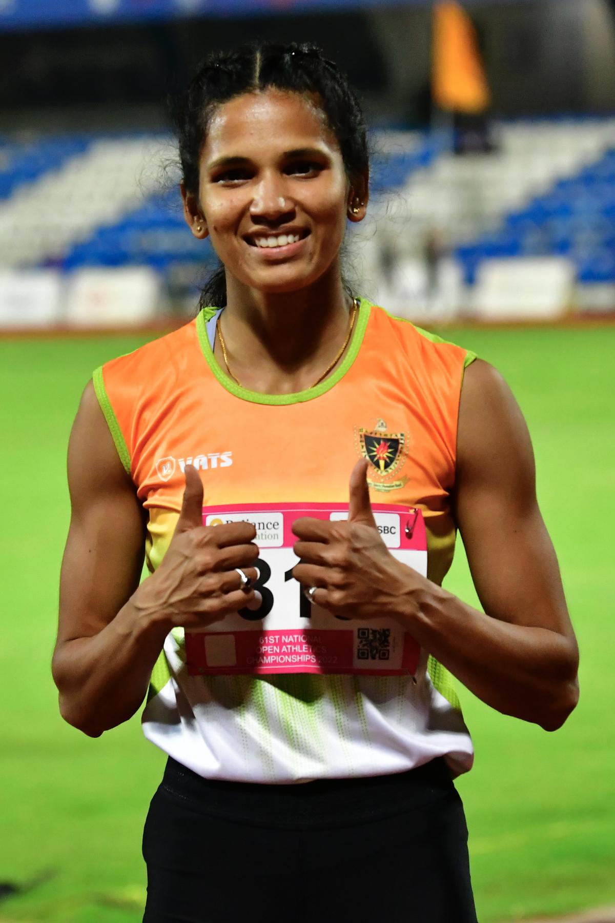 Jyothi Yarraji (319) of Railways, after winning the Women’s 100m Hurdles, during the 61st National Open Athletics Championship 2022, at the Sree Kanteerva Stadium, in Bengaluru on October 17, 2022.  