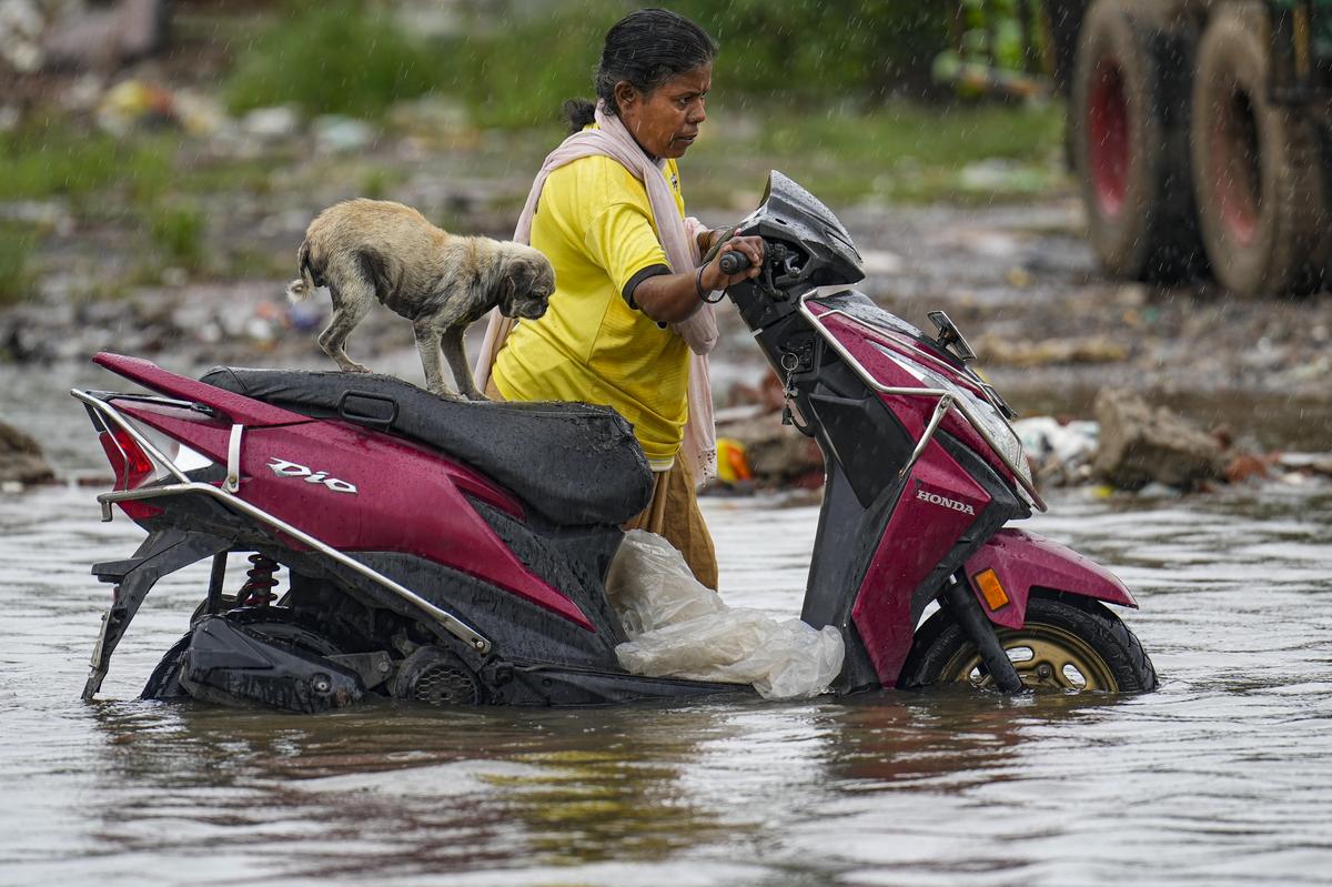 A waterlogged street in Chennai after a heavy spell of rain in October 2024.