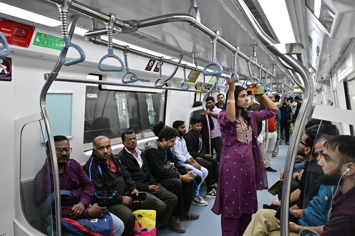 Passengers commute on Yellow Line Namma Metro, after Bengaluru Metro Rail Corporation Limited (BMRCL) open to Public its train services, starting from Rashtriya Vidyalaya Road metro station, to Bommasandra on Hosur road for a distance of 19.5 kms, in Bengaluru on August 11, 2025.  