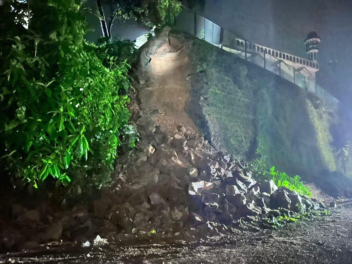 A portion of a retaining wall of a masjid at New Padpu, in Harekala village on the outskirts of Mangaluru, collapsed at night following heavy rain in Dakshina Kannada district of coastal Karnataka, on June 26, 2024. No one was injured in the incident, and the masjid building was not damaged. 