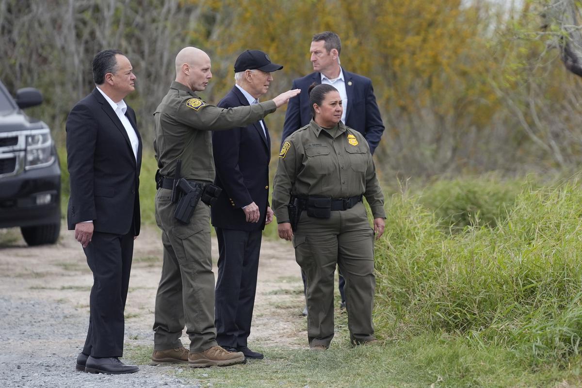President Joe Biden talks with the U.S. Border Patrol, as he looks over the southern border on Feb. 29, 2024, in Brownsville, Texas, along the Rio Grande. President Joe Biden talks with the U.S. Border Patrol, as he looks over the southern border on Feb. 29, 2024, in Brownsville, Texas, along the Rio Grande.