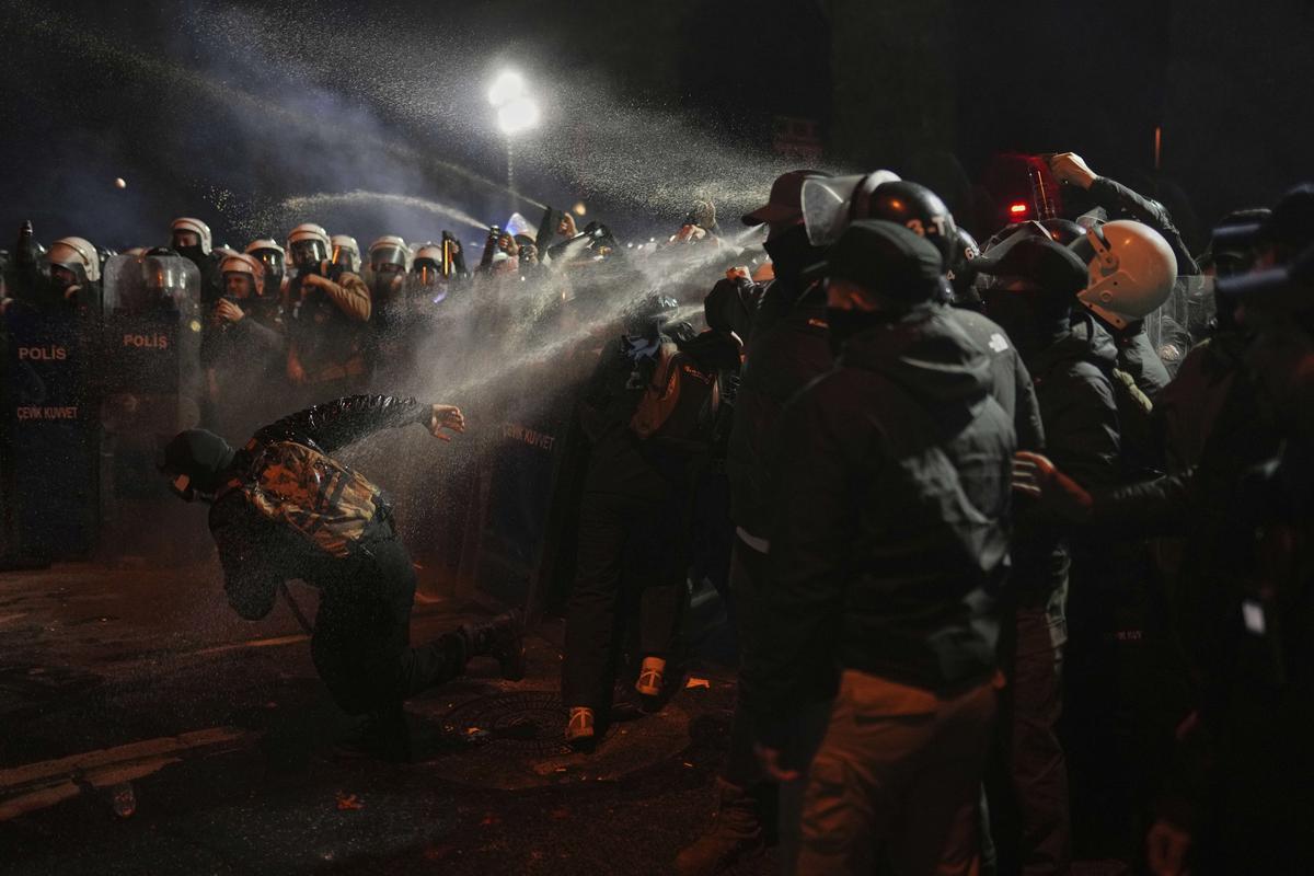 Riot police use pepper spray to clear a protester during a protest against the arrest of Istanbul’s Mayor Ekrem Imamoglu, in Istanbul, Turkey on March 22, 2025. Riot police use pepper spray to clear a protester during a protest against the arrest of Istanbul’s Mayor Ekrem Imamoglu, in Istanbul, Turkey on March 22, 2025.
