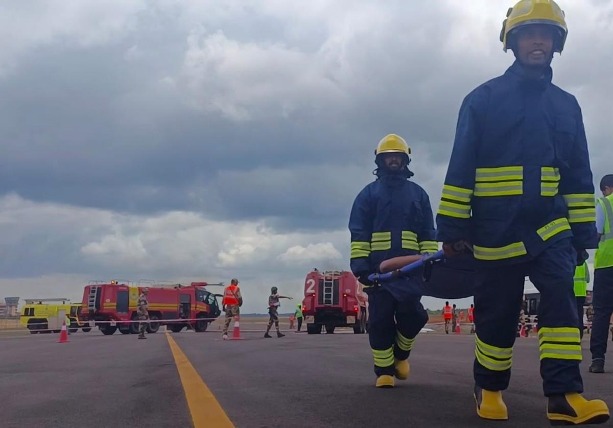 Crash Fire Tenders in action at Mangalam 2023 at Mangaluru International Airport on Friday, August 25, 2023.