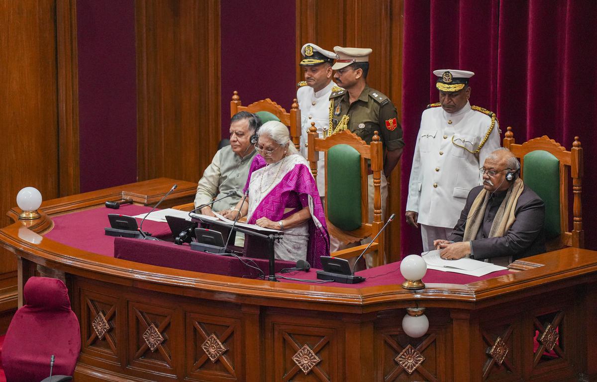 Uttar Pradesh Governor Anandiben Patel addresses the joint sitting of both Houses of the State during the Budget Session of Uttar Pradesh Assembly, at Vidhan Bhawan in Lucknow on February 20, 2023. Uttar Pradesh Governor Anandiben Patel addresses the joint sitting of both Houses of the State during the Budget Session of Uttar Pradesh Assembly, at Vidhan Bhawan in Lucknow on February 20, 2023.