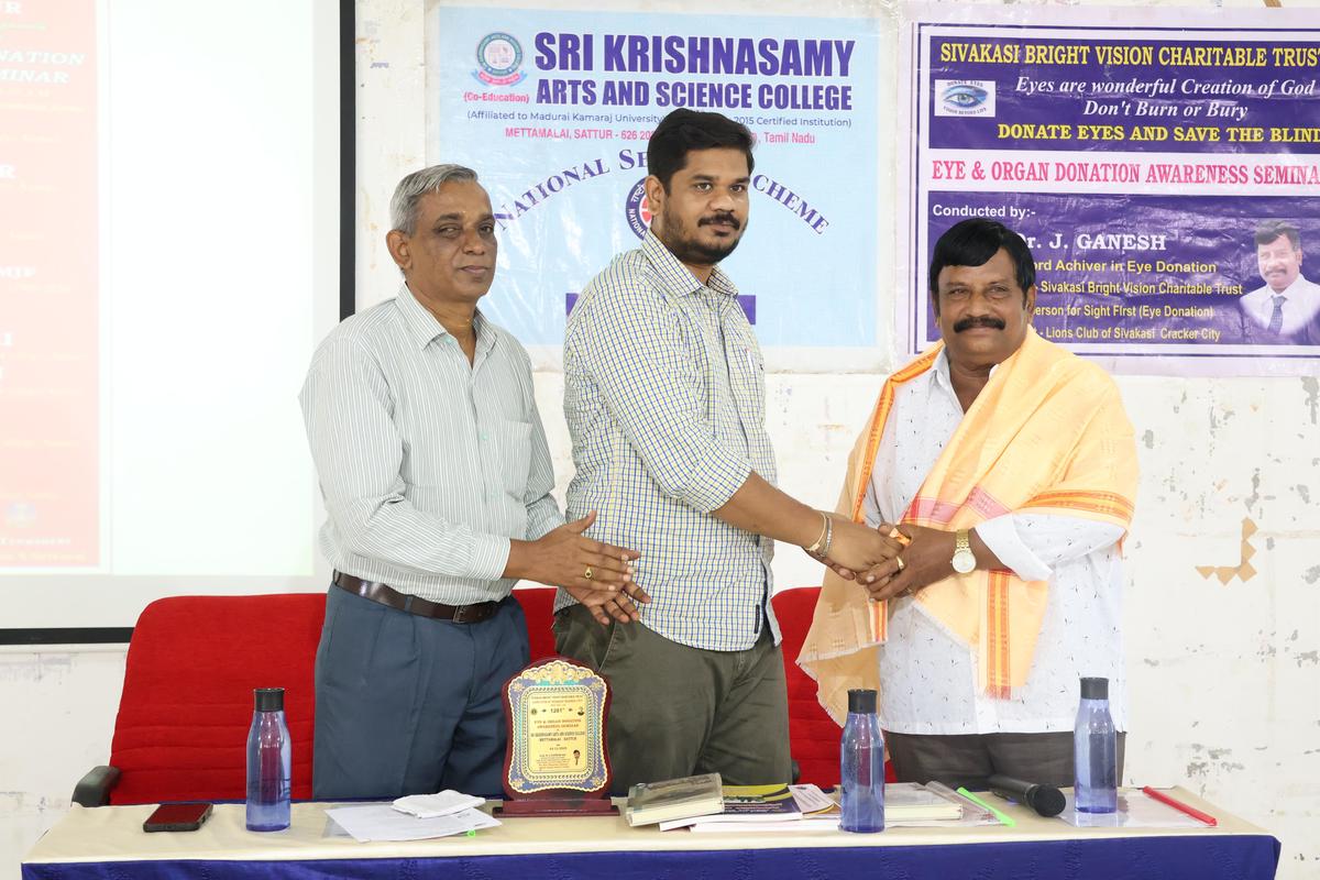 The NSS unit of Sri Krishnasamy Arts and Science College, Mettamalai, Sattur, organising an eye and organ donation awareness seminar.