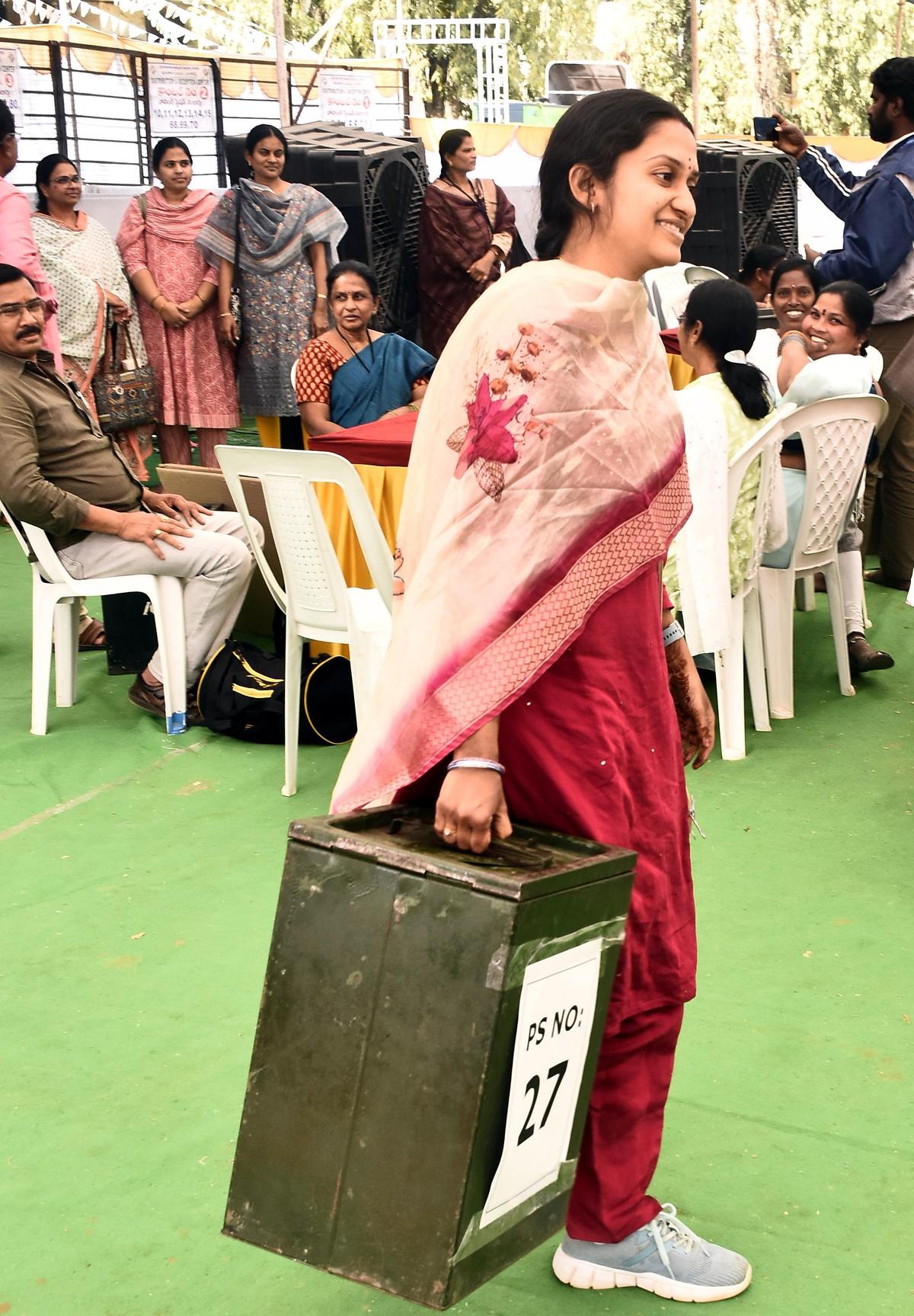Staff on Telangana Municipal Election duty in Sangareddy on Tuesday.