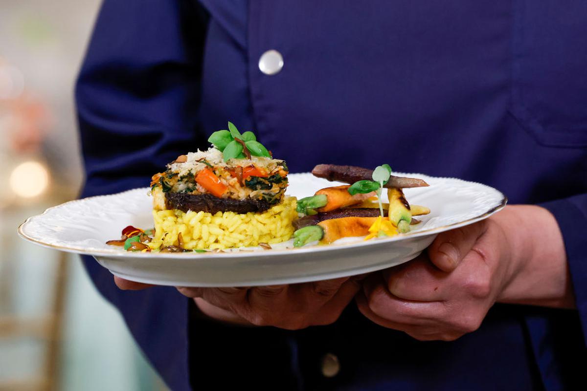 Stuffed portobello mushrooms and creamy saffron-infused risotto, the main course for the White House State dinner for PM Modi,