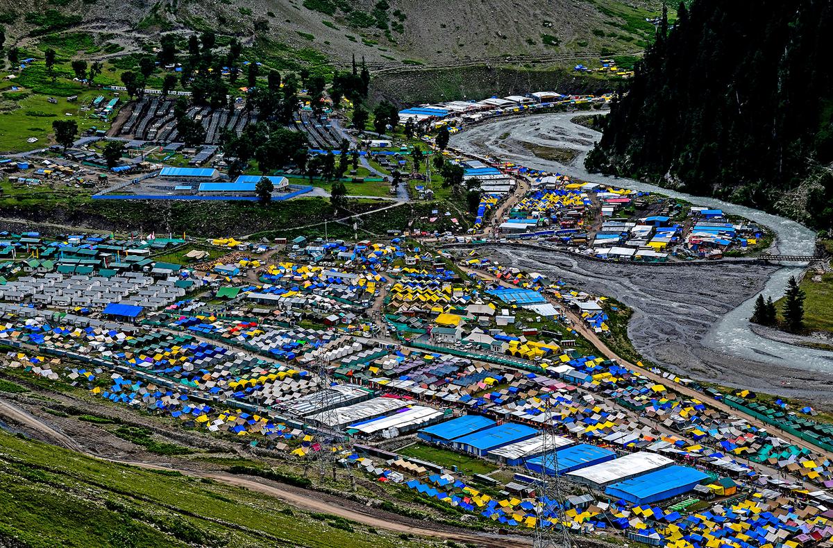 Tents put up for for pilgrims at Baltal base camp. Tents put up for for pilgrims at Baltal base camp.
