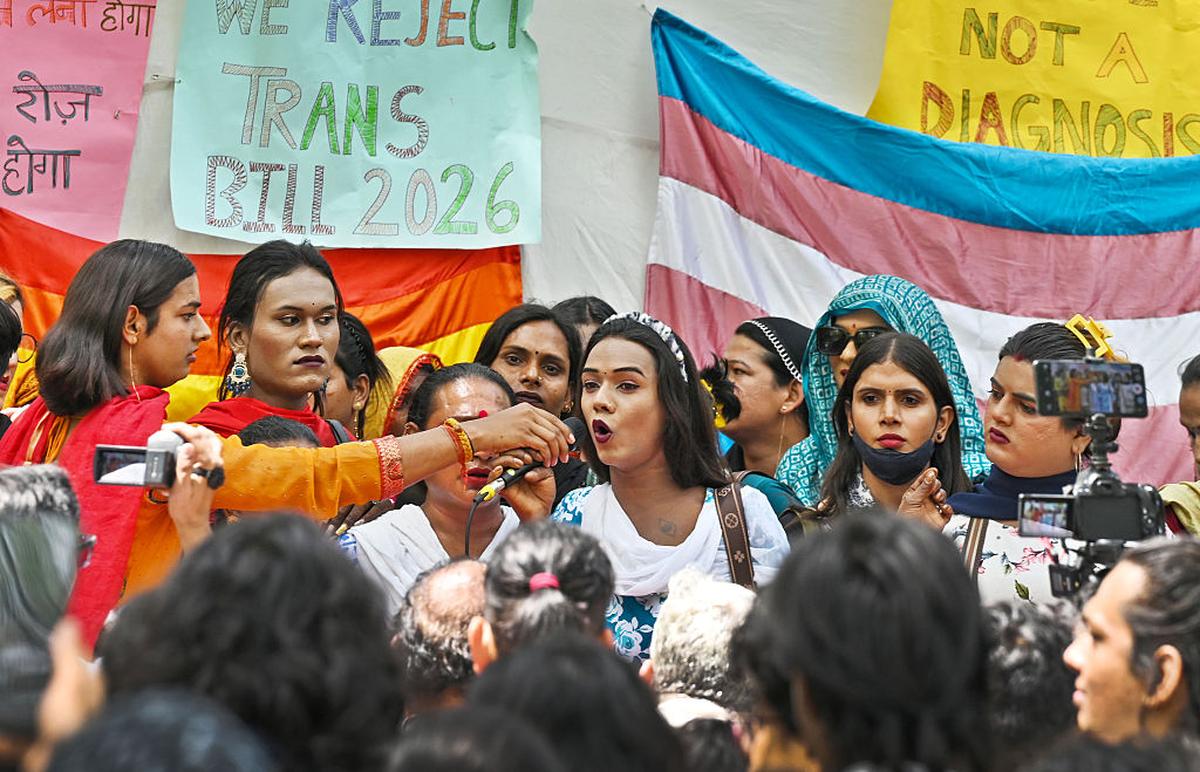 Members of the LGBTQ+ community gathered to protest against the Transgender Amendment Bill 2026, raising slogans and holding placards demanding equality, dignity, and protection of their fundamental rights, at Jantar Mantar, on March 26, 2026 in New Delhi. Members of the LGBTQ+ community gathered to protest against the Transgender Amendment Bill 2026, raising slogans and holding placards demanding equality, dignity, and protection of their fundamental rights, at Jantar Mantar, on March 26, 2026 in New Delhi.