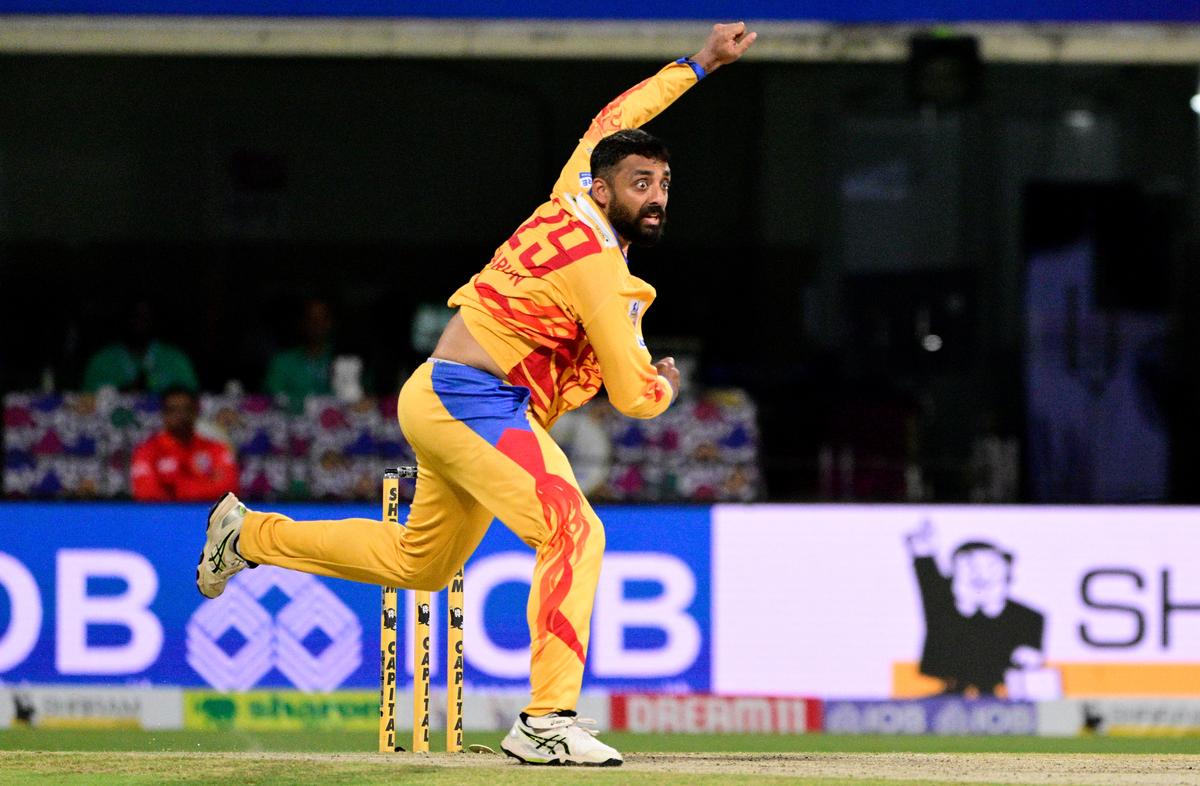Varun Chakaravarthy of Dindigul Dragons took two wickets against Trichy Grand Cholas in the TNPL Eliminator held at Natham in Dindigul district, Tamil Nadu, on Wednesday, 02 July 2025. 