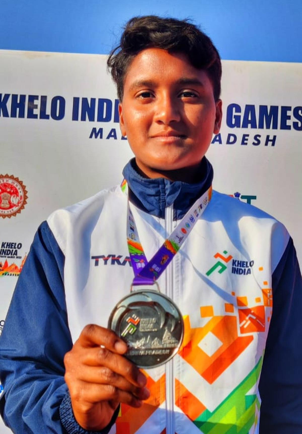 Nagidi Gayatri, who bagged the silver medal for Andhra Pradesh at the recently-held Khelo India Youth Games conducted in Madhya Pradesh. She belongs to the fishing community in Nagayalanka village of Krishna district