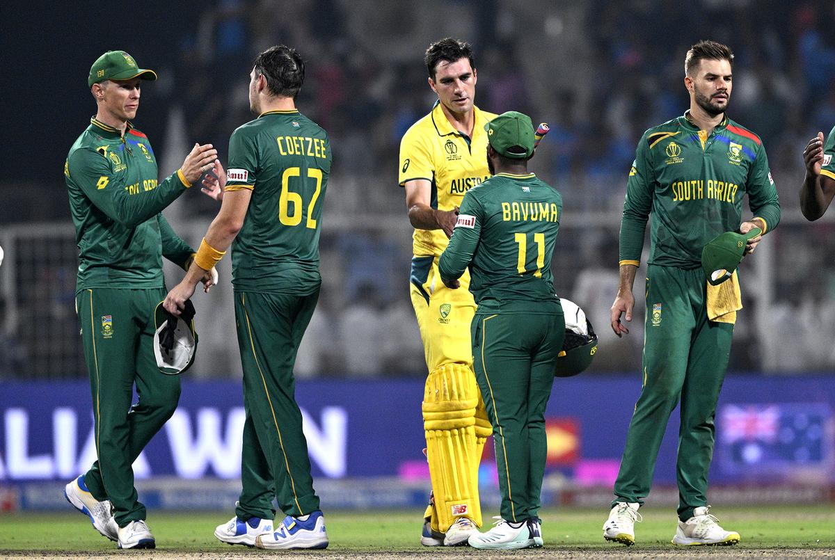 Players greet each other after Australia defeated South Africa in the 2023 ODI World Cup semifinal in Kolkata on November 16, 2023