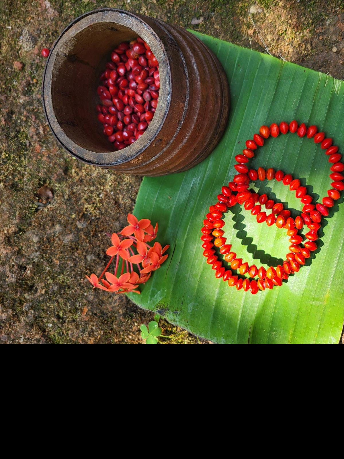 Bangles made of seeds of the CoralWood Tree (manjadikuru) by Arish John Andrews. 
