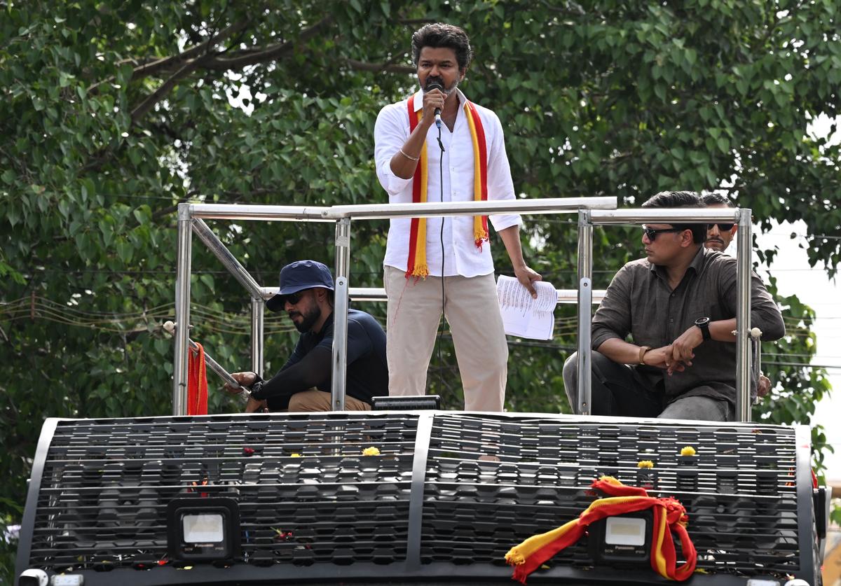 Tamilaga Vettri Kazhagam (TVK) president and actor Vijay on his first State-wide political tour at Tiruchi on September 13, 2025