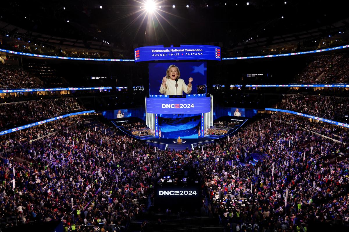 Former U.S. Secretary of State Hillary Clinton attends Day one of the Democratic National Convention (DNC) at the United Center in Chicago, Illinois, U.S., August 19, 2024. 