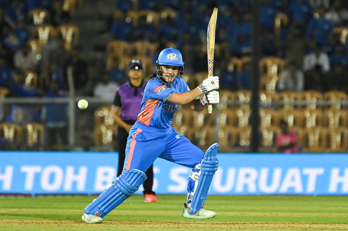 MI’s Amelia Kerr in action during the WPL match between Mumbai Indians and Gujarat Giants at the Brabourne Stadium, Mumbai on March 14, 2023.