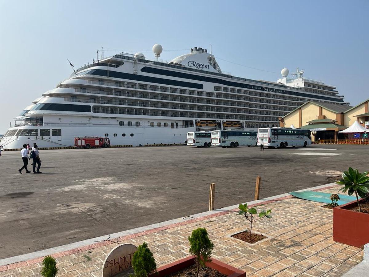 A cruise ship Seven Seas Explorer arrives at the New Mangaluru Port Authority in Mangaluru on December 2, 2022. 