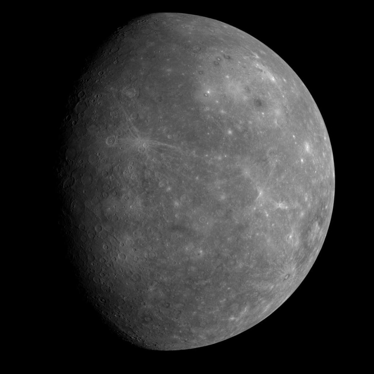 This image provided by NASA shows the planet Mercury. This 2008 picture was made by the MESSENGER spacecraft at a distance of approximately 27,000 km. This image provided by NASA shows the planet Mercury. This 2008 picture was made by the MESSENGER spacecraft at a distance of approximately 27,000 km.