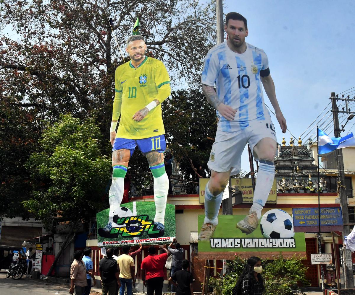 Giant cutouts of football stars Neymar and Messi put up by fans in Thiruvananthapuram, ahead of the Qatar World Cup 2022.