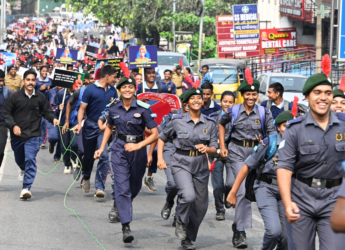NCC cadets participating in a rally of the Vivekananda Shobha Yatra  in Visakhapatnam on Friday. 