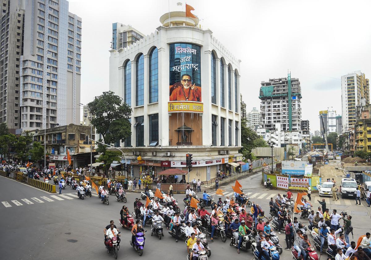 Shiv Sena supporters take out a bike rally in support of Uddhav Thackeray outside Shiv Sena Bhavan on June 26.