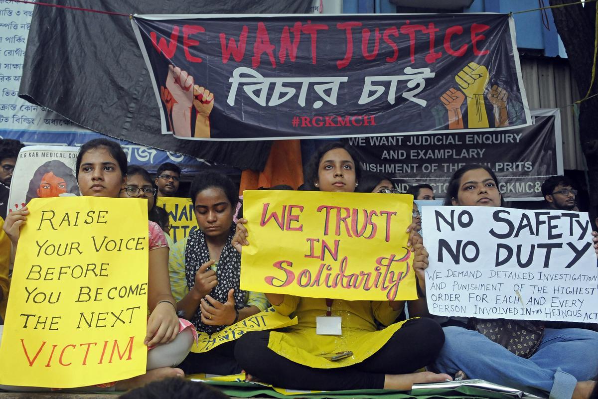 Doctors protest at R.G. Kar Medical College and Hospital against the rape and murder of a female doctor. 