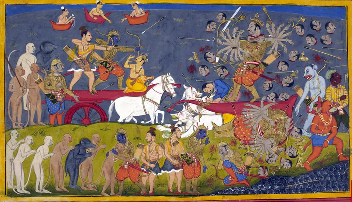 A painting depicting the Yudh Kanda, the battle of lanka between Rama and Ravana.
