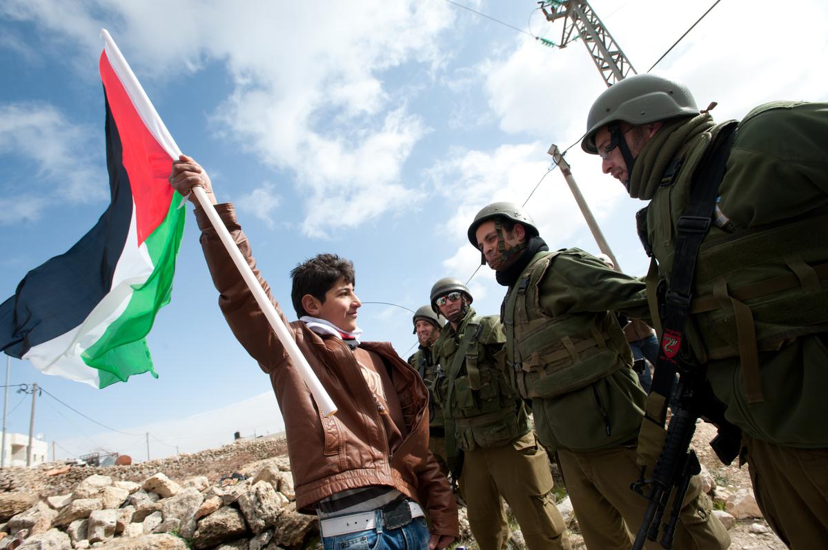 A Palestinian youth waves a flag while confronting Israeli soldiers in the West Bank.