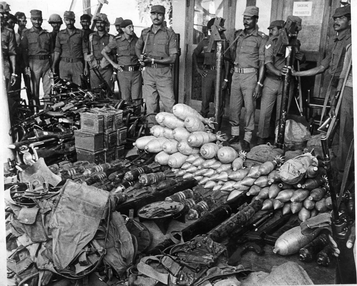 Arms and ammunition surrendered by the LTTE at the Palaly Air Force Base in Jaffna, in 1987. 