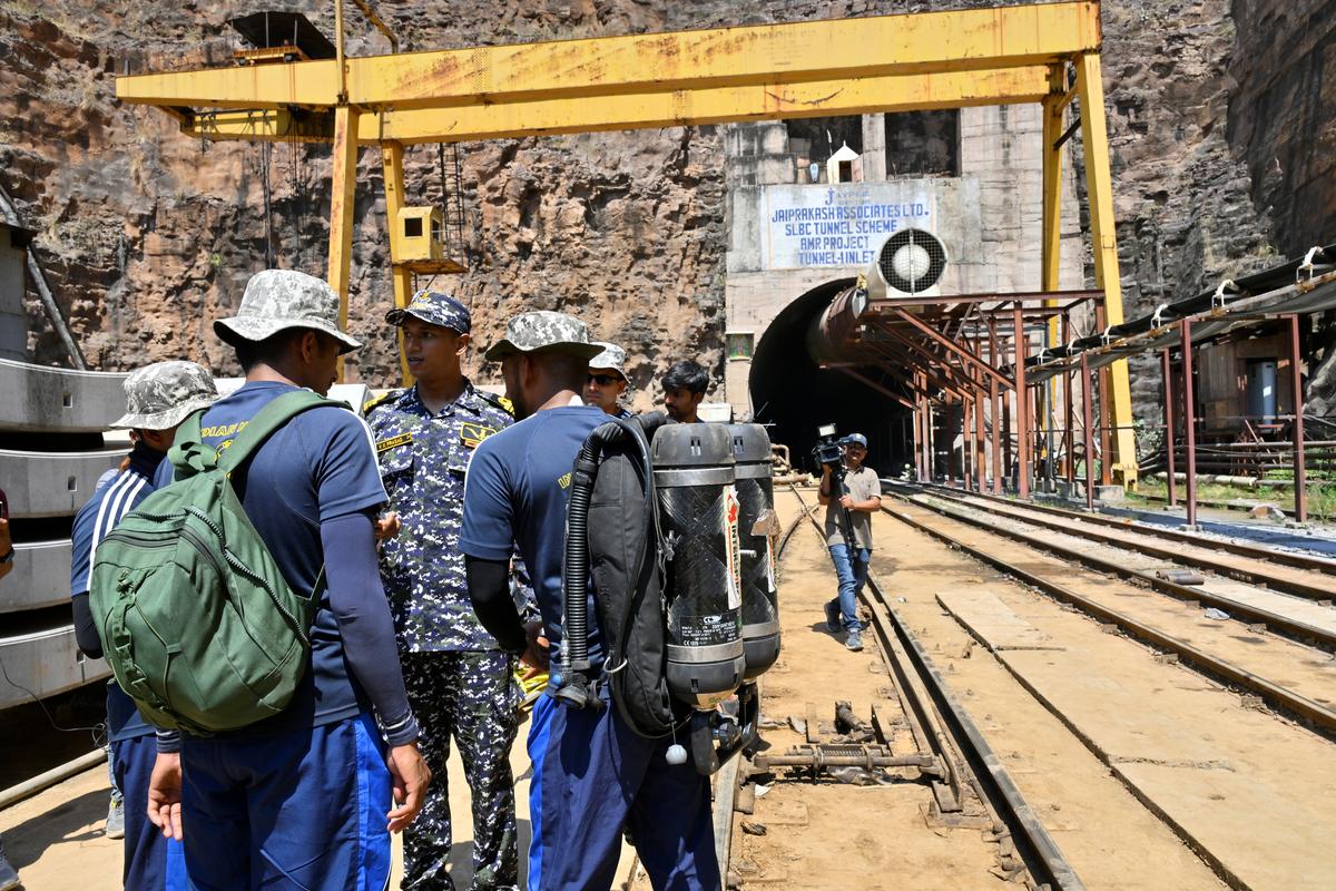 A team of Indian Navy divers from Visakhapatnam, Andhra Pradesh, at the the SLBC tunnel near Domalapenta of Nagarkurnool district, to rescue the eight people trapped inside the tunnel, on Monday (February 24, 2025) afternoon.