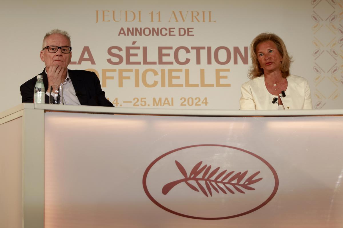 Cannes film festival president Iris Knobloch, right, and Cannes film festival delegate general Thierry Fremaux attend a press conference to announce the International Cannes film festival line up for the upcoming 77th edition of the Cannes Film Festival, Thursday, April 11, 2024 in Paris