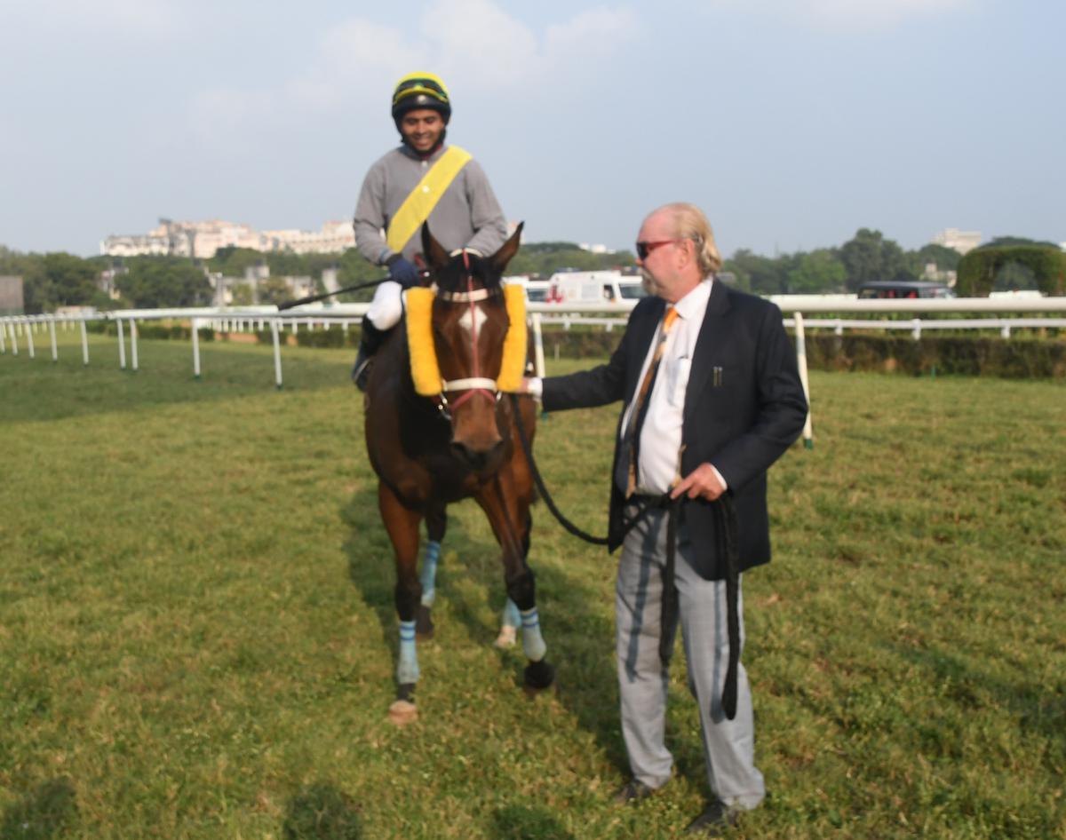 Trainer R. Foley leading in Empress Eternal (Farid Ansari astride) after the win in the P.T. Rajan Memorial Cup at the Madras Race Club on January 21 (Saturday).