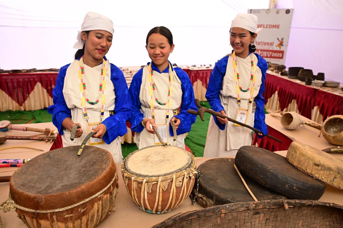 Students from the Tribal Residential School, Sikkim, visiting the tribal museum during the 6th national EMRS cultural and literary fest and kala utsav-2025 at KL University, Vaddeswaram, Tadepalli, Guntur district, on Wednesday. The event was organised by the Ministry of Tribal Affairs.
