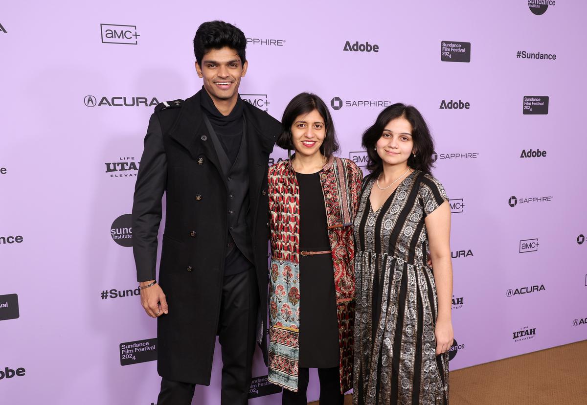 Filmmaker Shuchi Talati (centre), flanked by her actors Kesav Binoy Kiron (left) and Preeti Panigrahi, at the 2024 Sundance Film Festival in Park City, Utah, U.S.