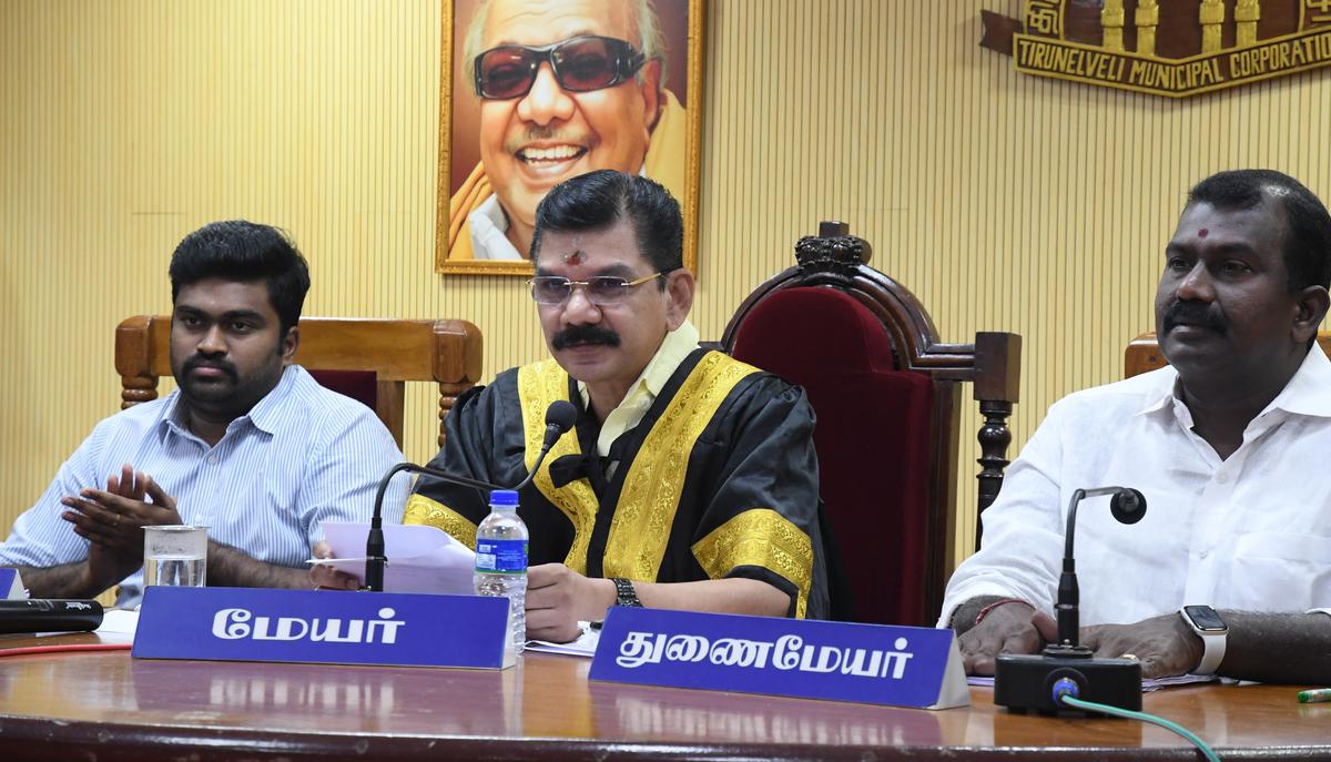 Mayor P.M. Saravanan addresses the Corporation council meeting held in Tirunelveli on Monday. 