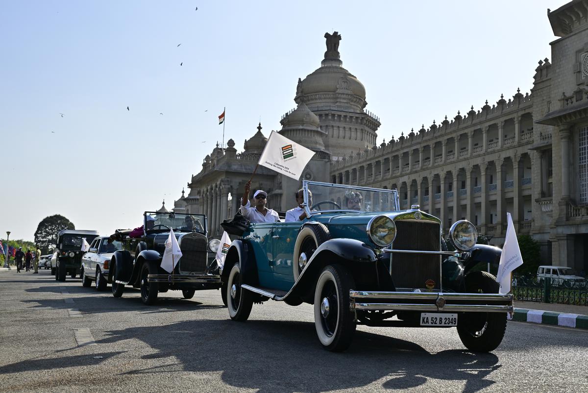Vintage Cars and bikes take part in the voting awareness program rally, ahead of General Lok Sabha Elections - 2024, to increase voter awareness and voter turnout, starting from Vidhana Soudha.