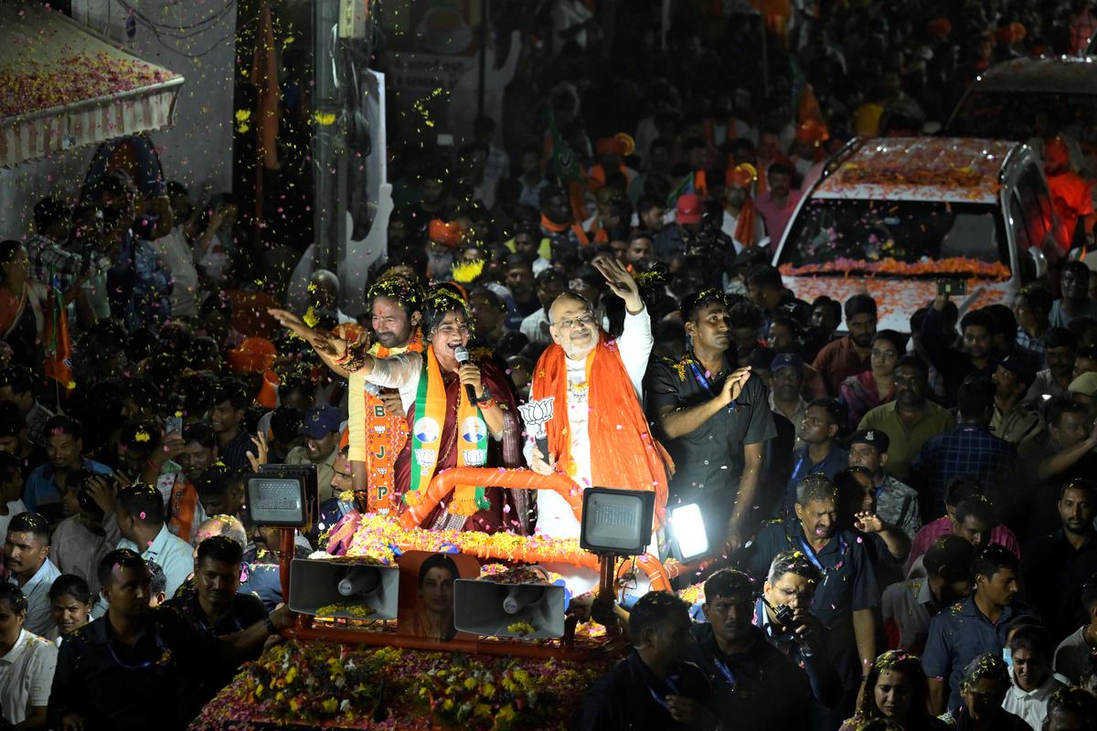 Union minister Amit Shah, BJP’s candidate for Hyderabad Lok Sabha seat K. Madhavi Latha and others at an election campaign in old city of Hyderabad, Telangana on May 1, 2024. 