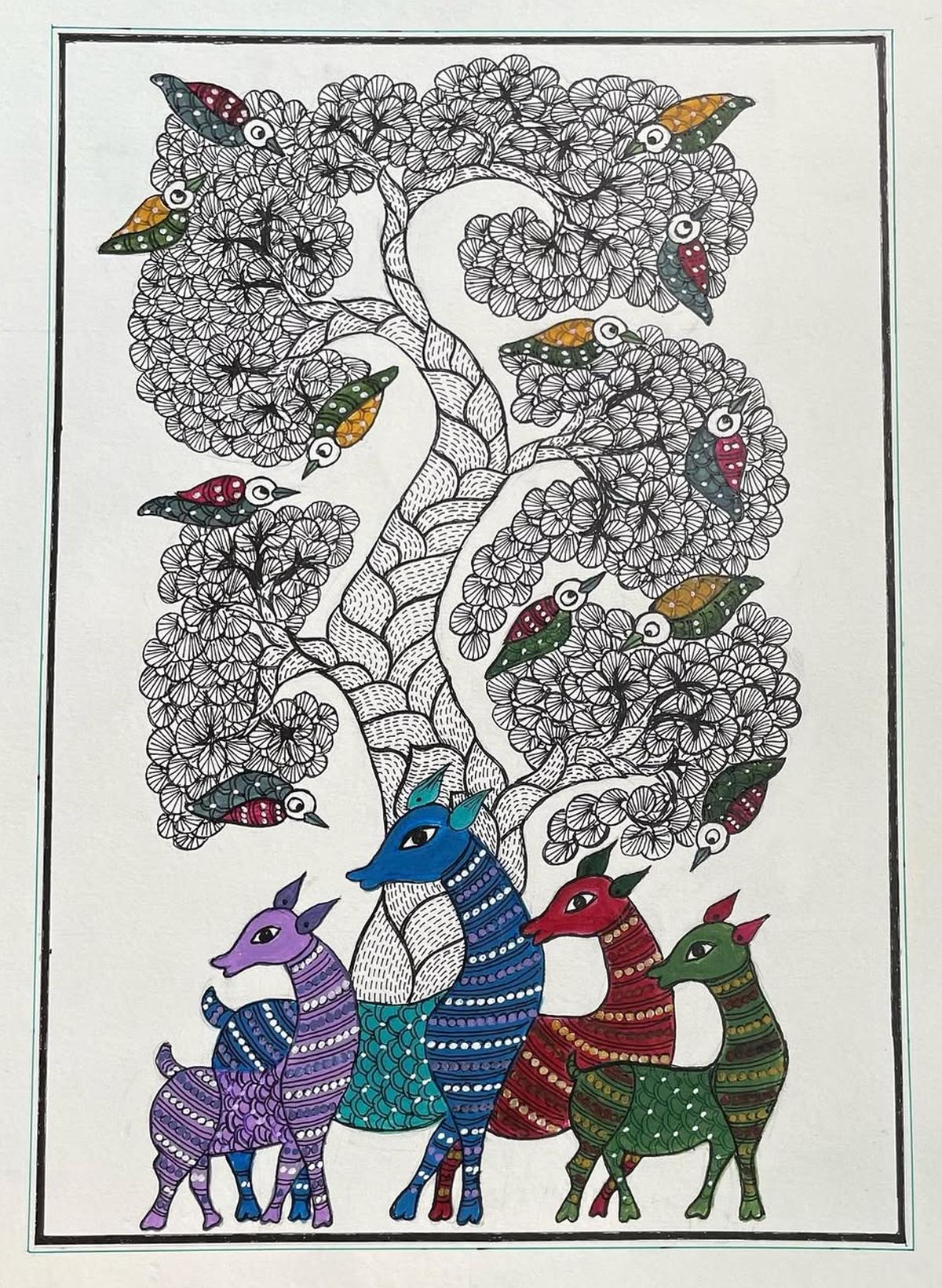 An artwork set in the mould of Gond tribal art.