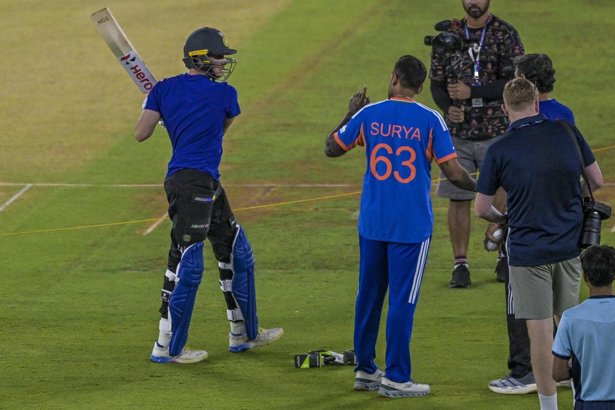 Abhishek Sharma and India’s captain Suryakumar Yadav during the practice session ahead of the ICC T20 World Cup Final Match between India and New Zealand at the Narendra Modi Stadium in Ahmedabad on March 7, 2026.