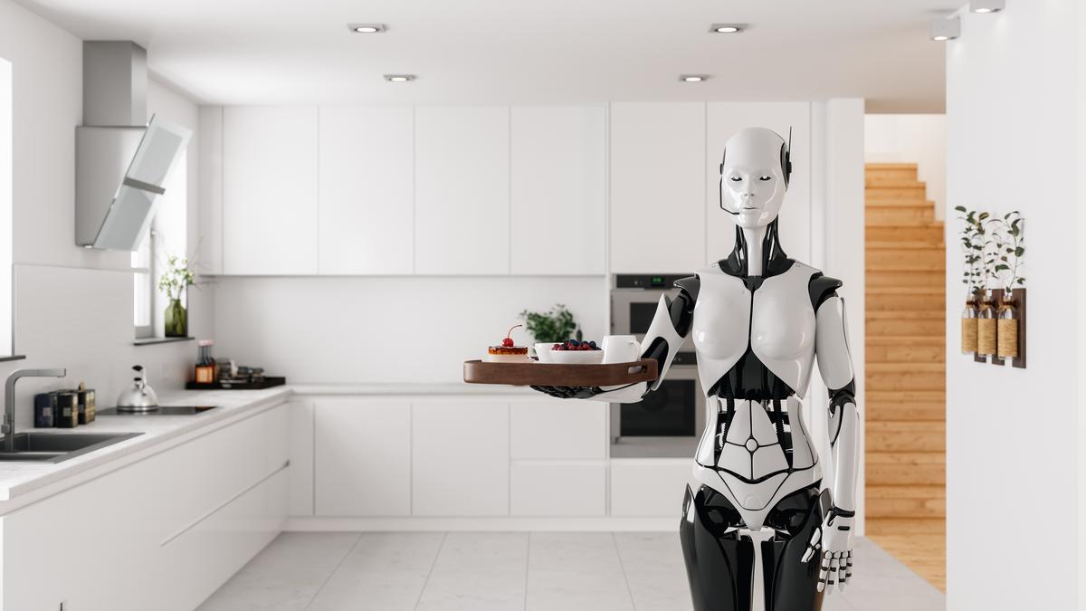 Humanoid robot maid serving in the white modern kitchen. lead pics
