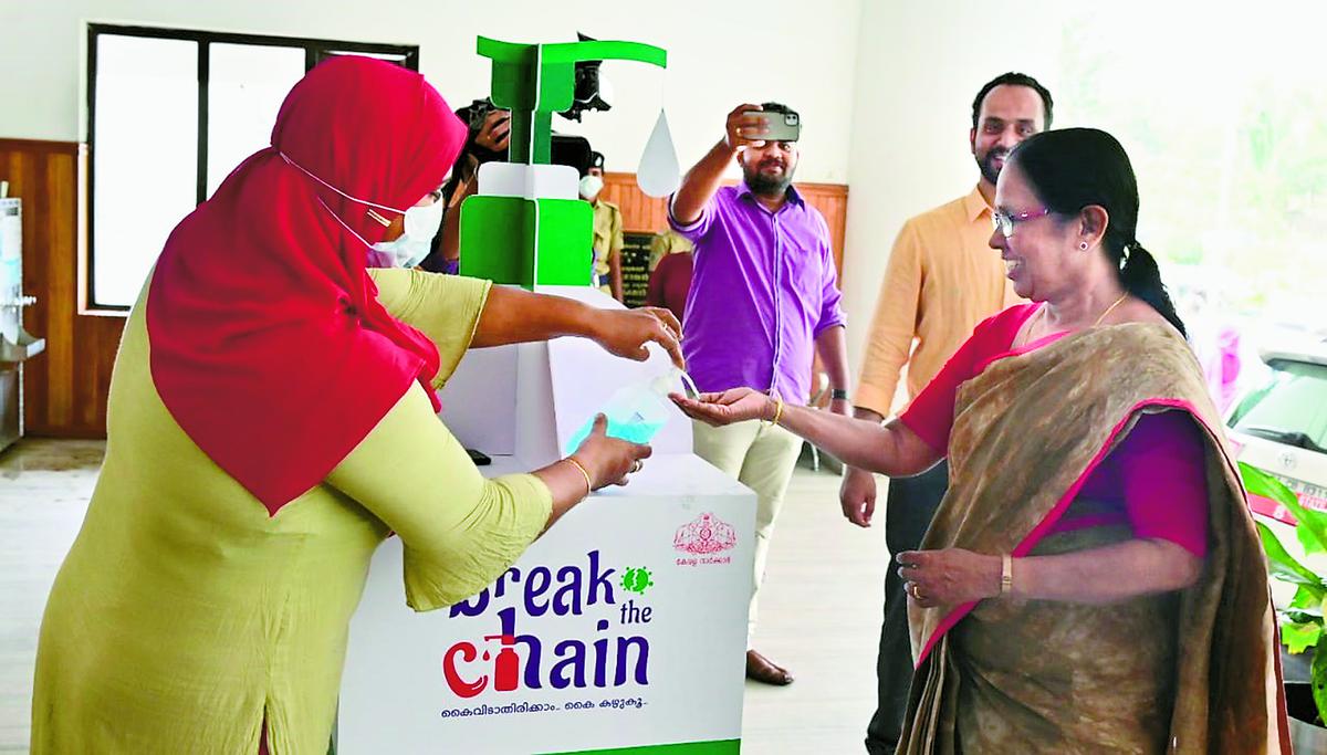 KK Selja promotes the use of sanitizers as part of the 'Break the Chain' campaign launched by the state government