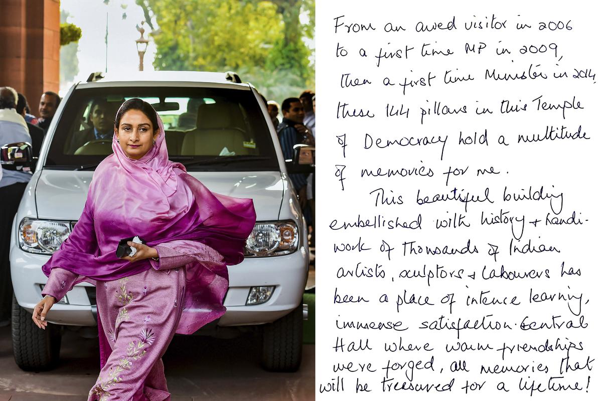 Shiromani Akali Dal (SAD) MP Harsimrat Kaur Badal leaves the old Parliament House, in New Delhi, Friday, Feb.  7, 2020. Representing the spirit of true democracy 10 women parliamentarians share their memories, messages and experiences at the old Parliament building.  In a hand-written note (R) Badal recounts her memories of the old Parliament