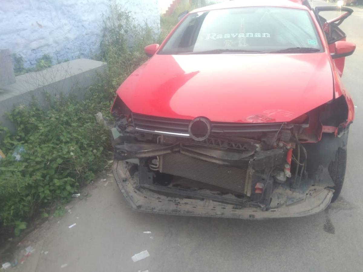 The hatchback in which the DMK councillor and his family were travelling, hit the road’s median after being rear-ended  