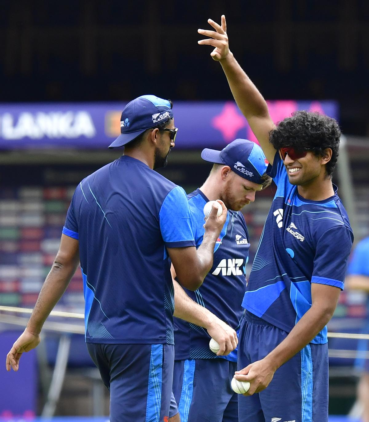 New Zealand’s Glenn Phillips, Rachin Ravindra and Ish Sodhi, during training session ahead of ICC Men’s Cricket World Cup 2023 match between New Zealand and Sri Lanka.