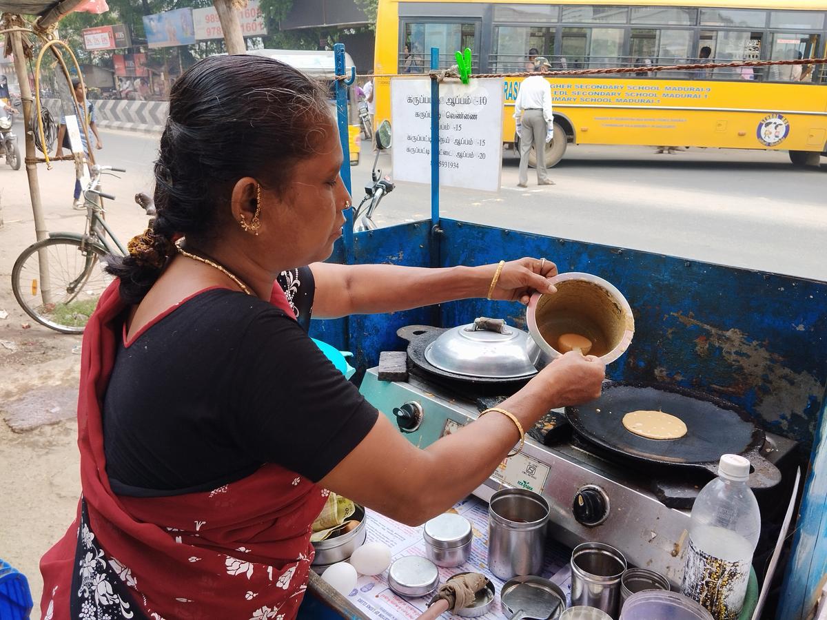 MG Vedhavathi has been selling karupatti aappam on Kamarajar Road in Madurai for 12 years. 