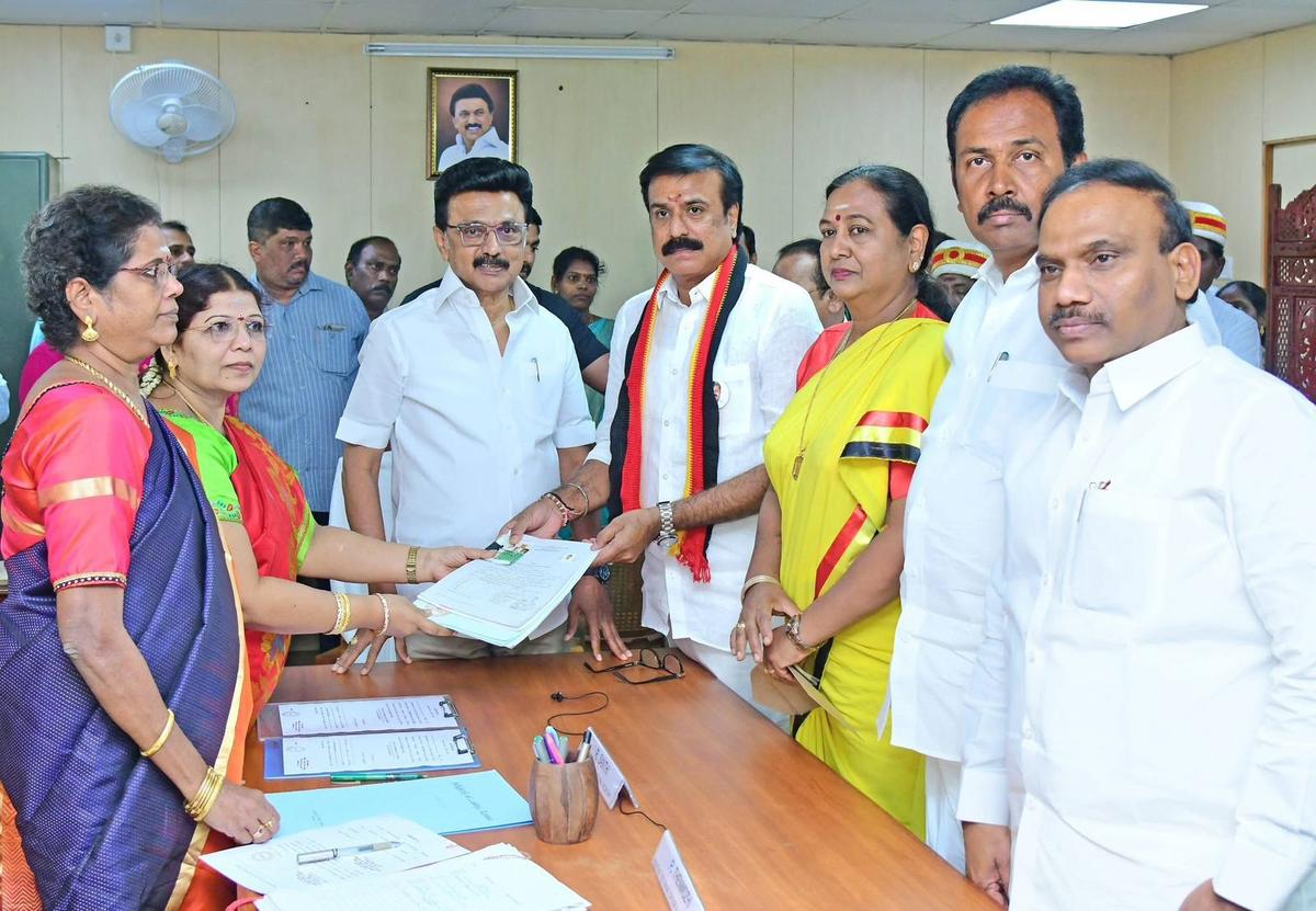 L.K. Sudhish files his nomination in the presence of M.K. Stalin and DMDK’s Premallatha Vijayakant