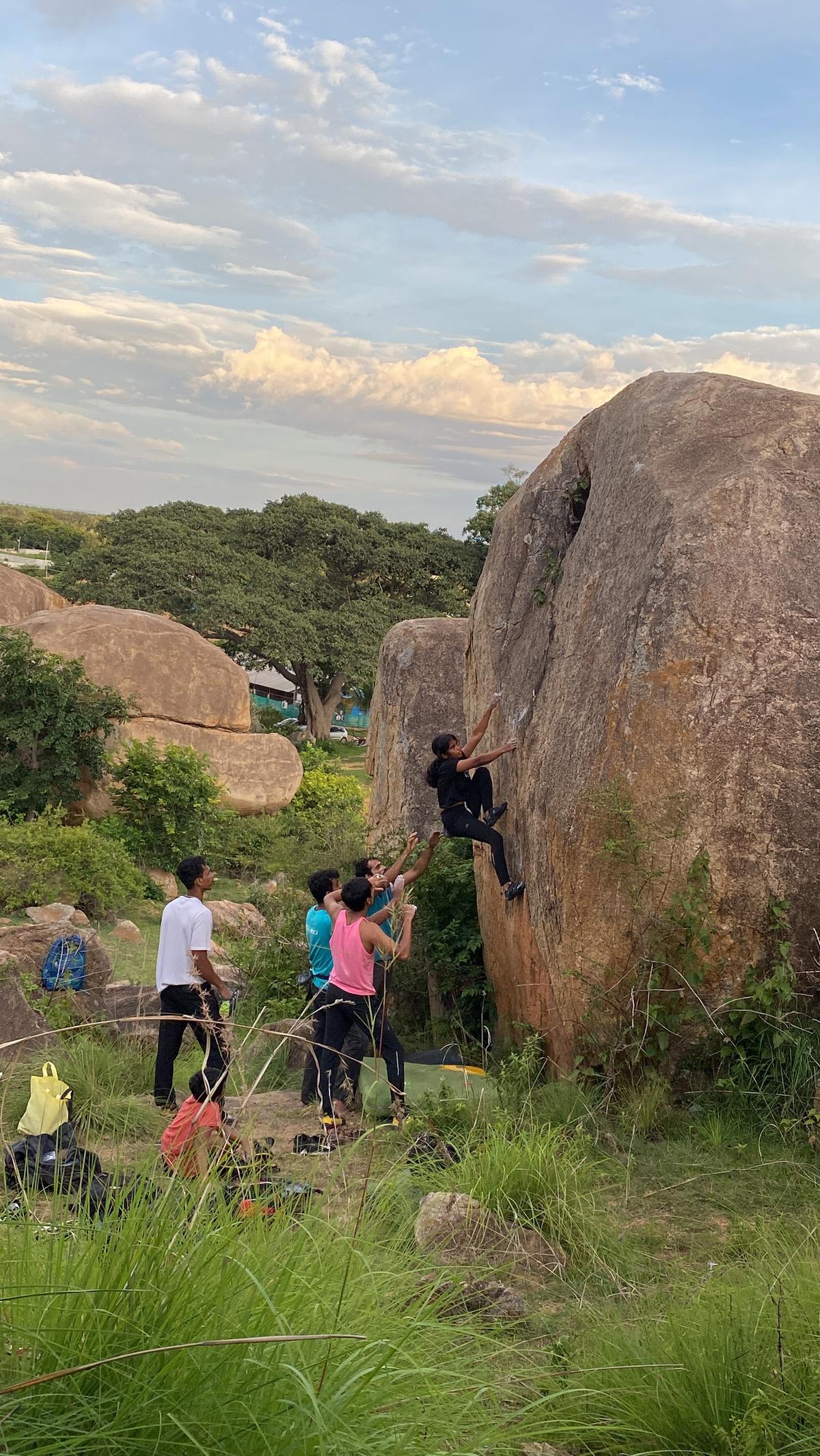 Climbers Attempting Boundering Outdoors